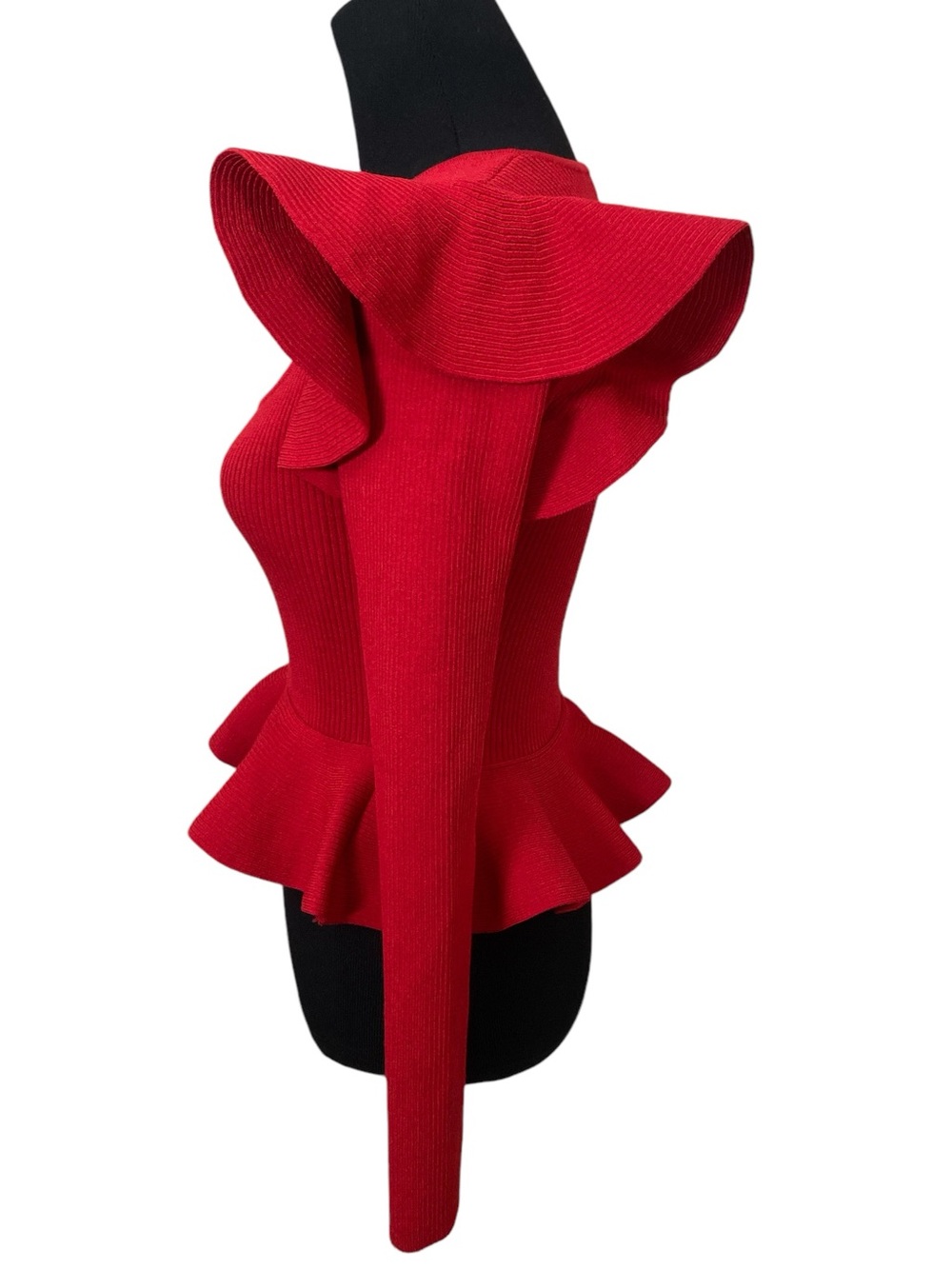 Express Red Ribbed Knit Statement Ruffle Peplum Long-Sleeve Sweater - Picture 2 of 8
